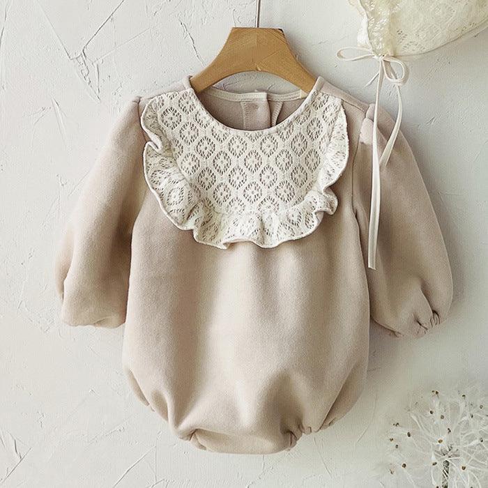 Autumn and Spring Arrival Baby Girls Lace Hollow-out Pattern Long Sleeves Color Patchwork Bodysuit