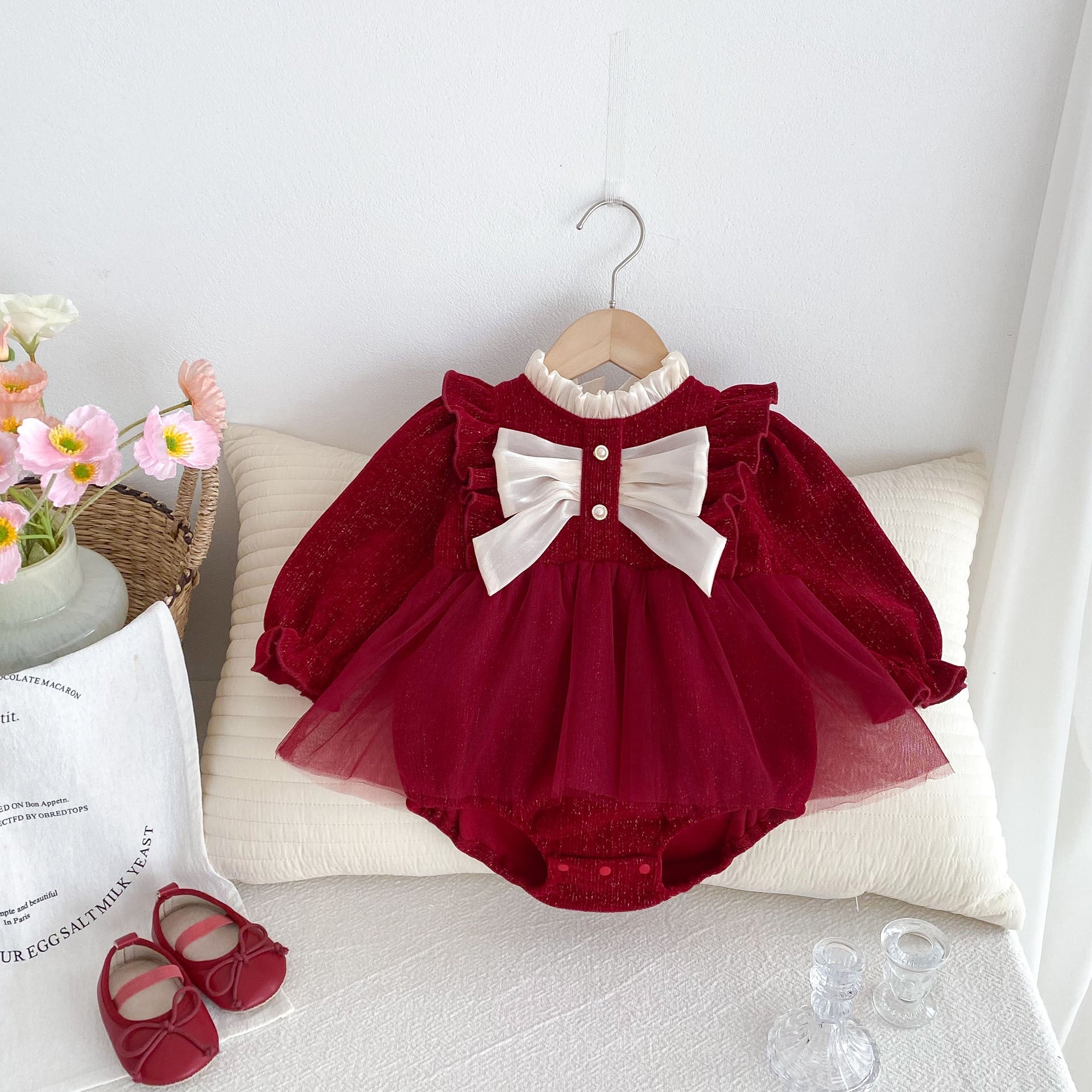 Autumn Arrival Baby Girls Long Sleeves Red Ruffle Neck Patchwork bodysuit Dress