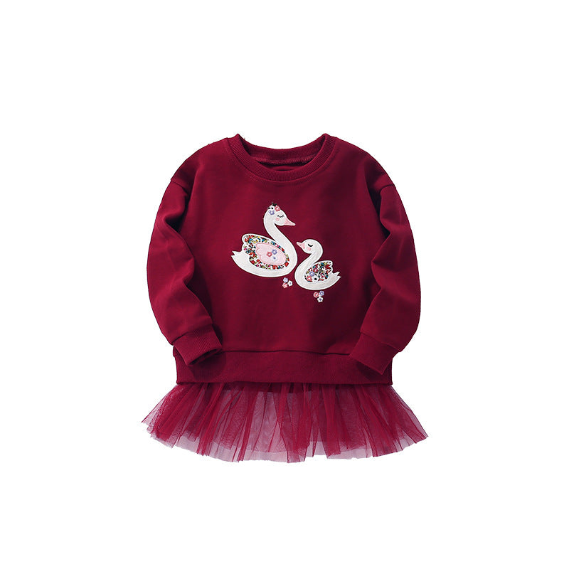 Autumn and Spring Arrival Cartoon Swans Pattern Long Sleeves Pullover with Tulle Decoration for Stylish Girls
