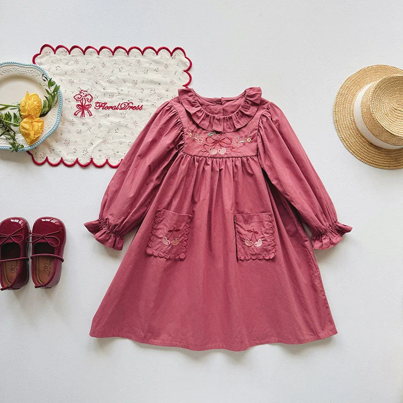 Autumn Arrival Baby Kids Girls Cherry Embroidery Pattern Long Sleeves Ruffle Collar Dress
