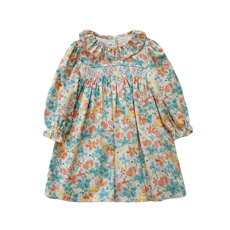 Arrival Autumn Girls Cute Colorful Flowers Painting Pattern Long Sleeves Dress with Ruffle Collar