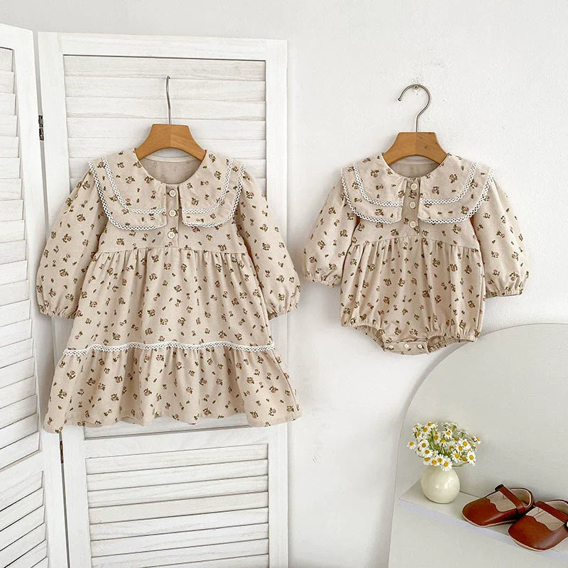 Autumn Baby Girls French Style Flowers Pattern Long-sleeved bodysuit and Dress – Princess Sister Matching Set