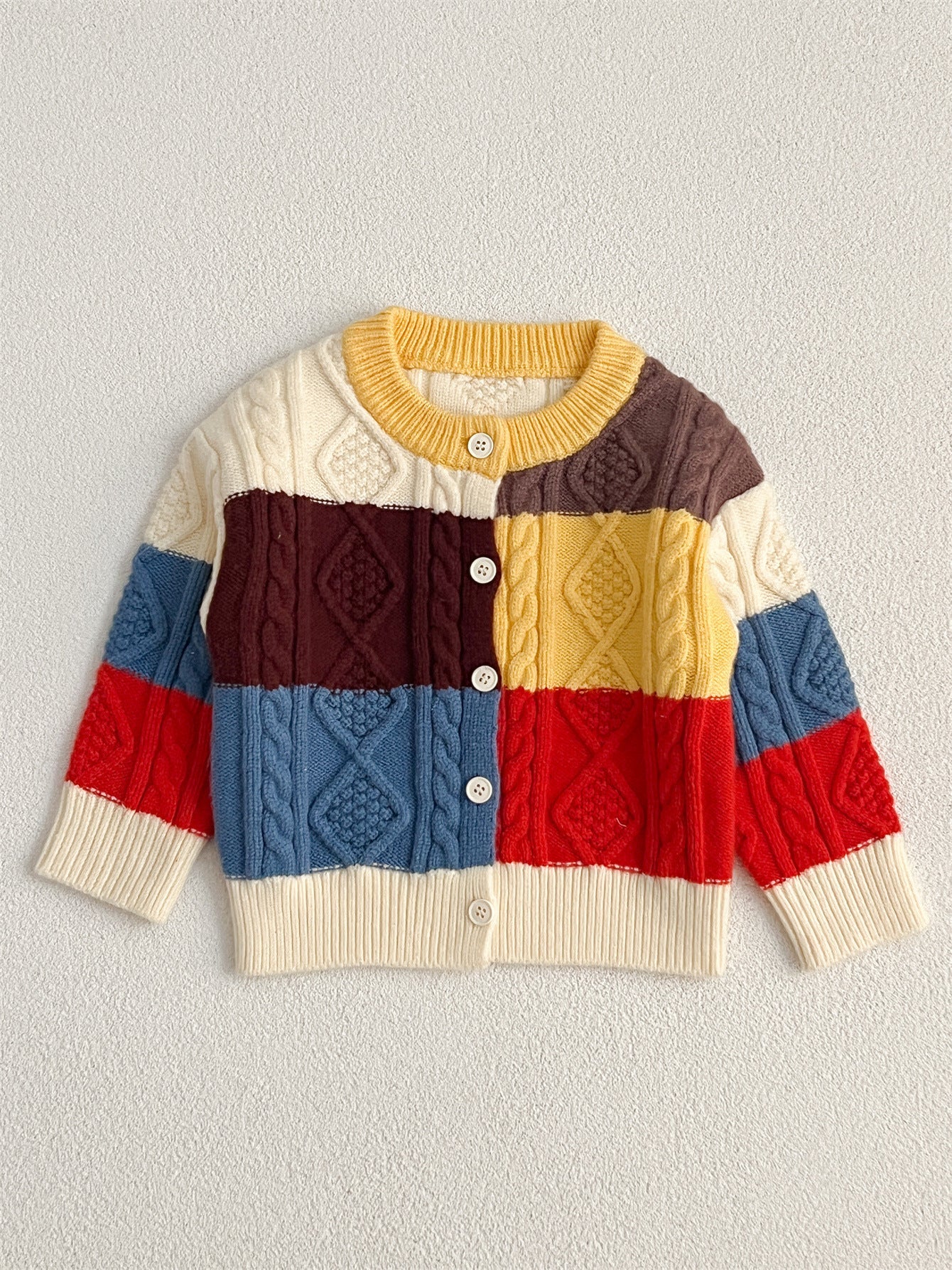 Autumn Design Baby Kids Unisex Color Patchwork Crew Neck Knitted Cardigan Knitwear