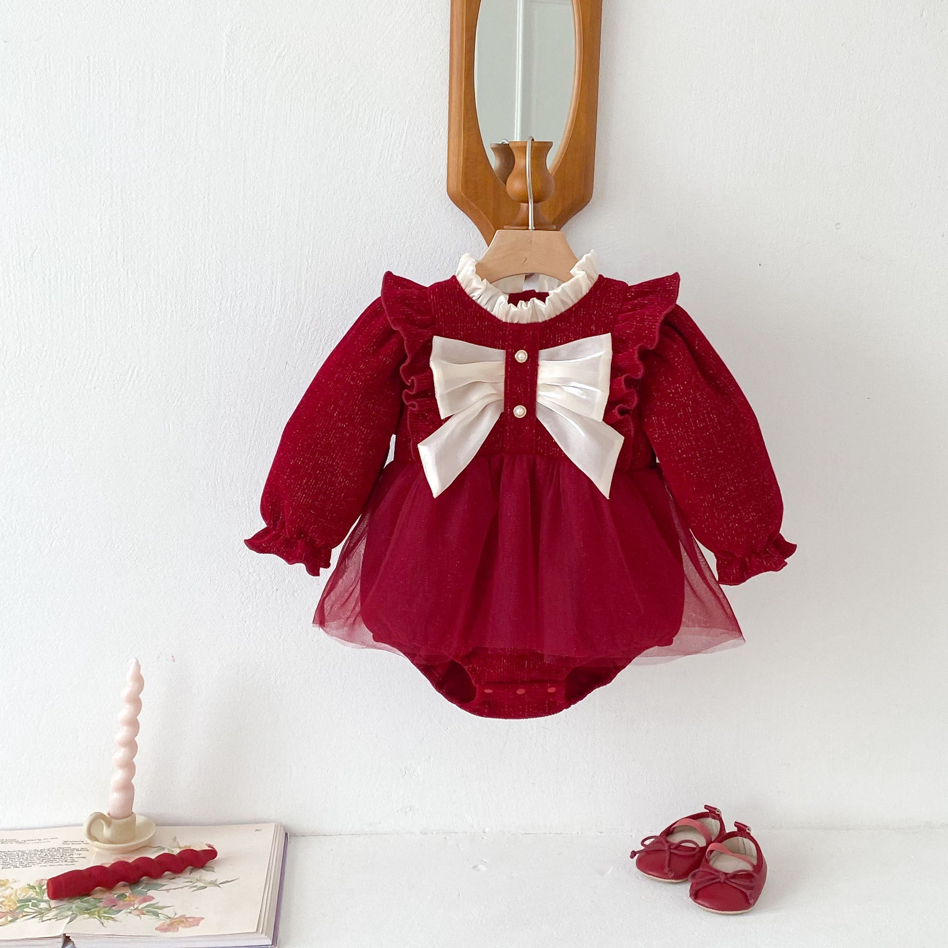 Autumn Arrival Baby Girls Long Sleeves Red Ruffle Neck Patchwork bodysuit Dress