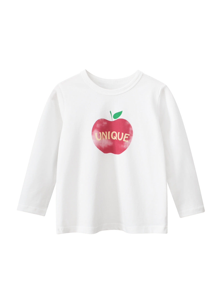 Autumn Arrival Kids Girls Unique Apple Print Crew Neck Long Sleeves Shirt