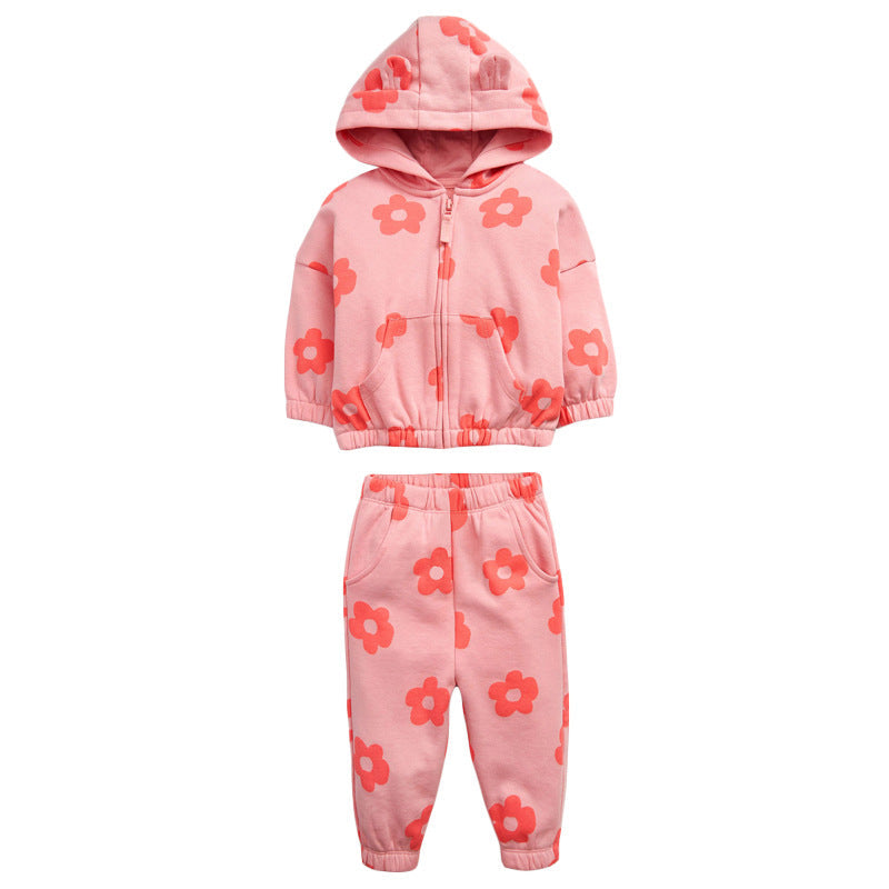 Baby Girl All Over Flower Graphic Zipper Hoodie Coat & Trousers Sets