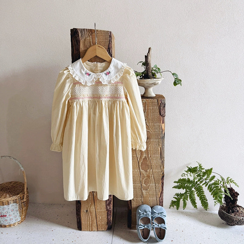 Autumn Arrival Baby Kids Girls Flowers Embroidery Pattern Long Sleeves Dress