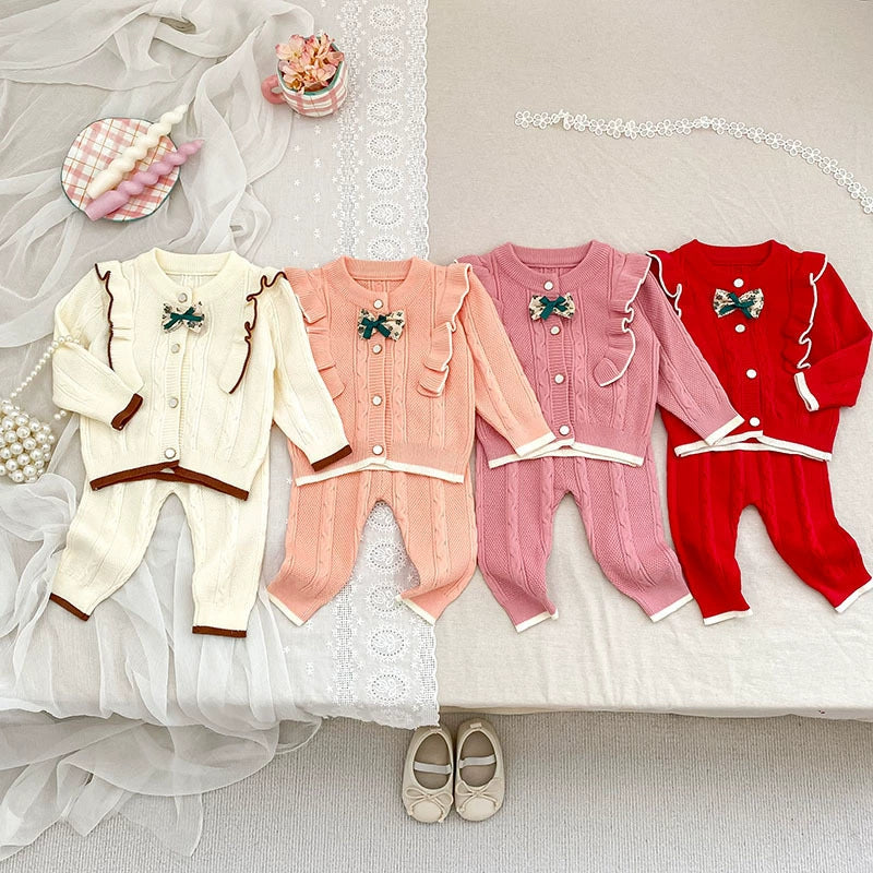 Arrival Autumn Baby Girls Long Sleeves Color Patchwork Jacquard Pattern Knitted Top Cardigan and Long Trousers Clothing Set
