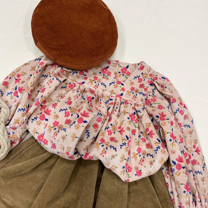 Baby Girls Floral Pattern Puff Sleeved Design Square-Neck Tops