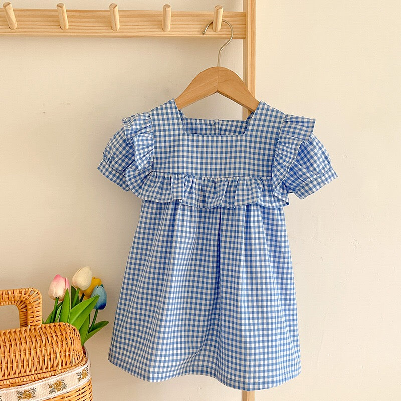 Baby Plaid Pattern Square Neck Puff Sleeves bodysuit & Dress