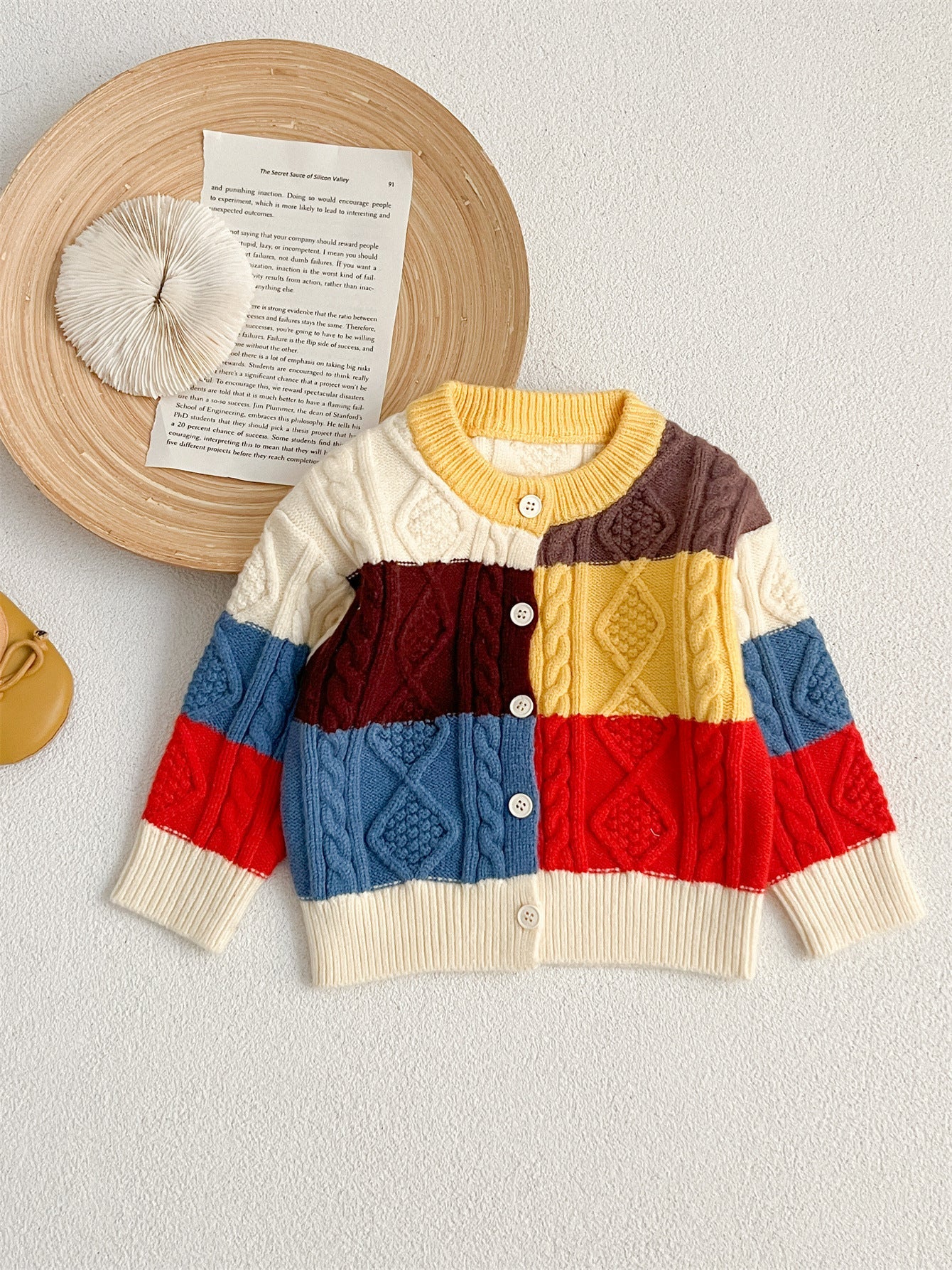 Autumn Design Baby Kids Unisex Color Patchwork Crew Neck Knitted Cardigan Knitwear