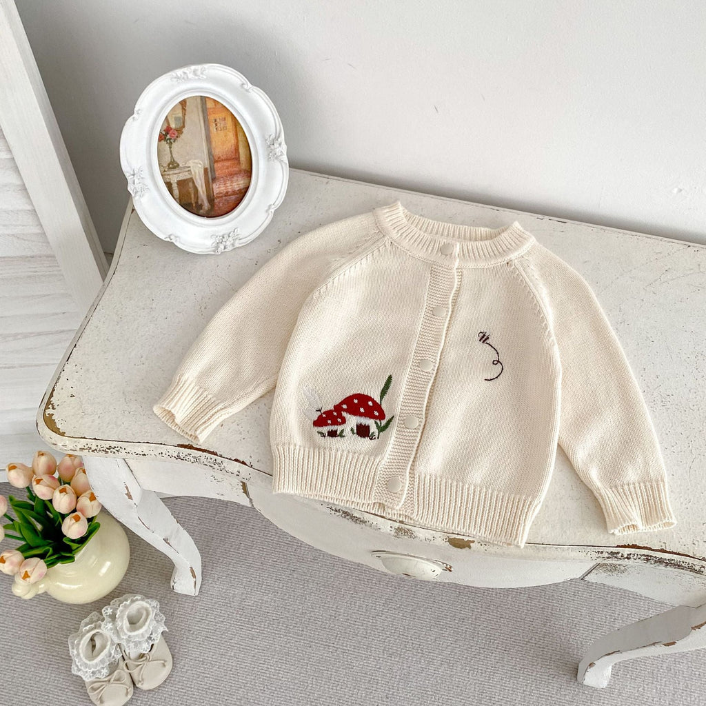Autumn Arrival Baby Kids Unisex Comfortable Mushrooms Embroiedery Pattern Knitted Long Sleeves Cardigan