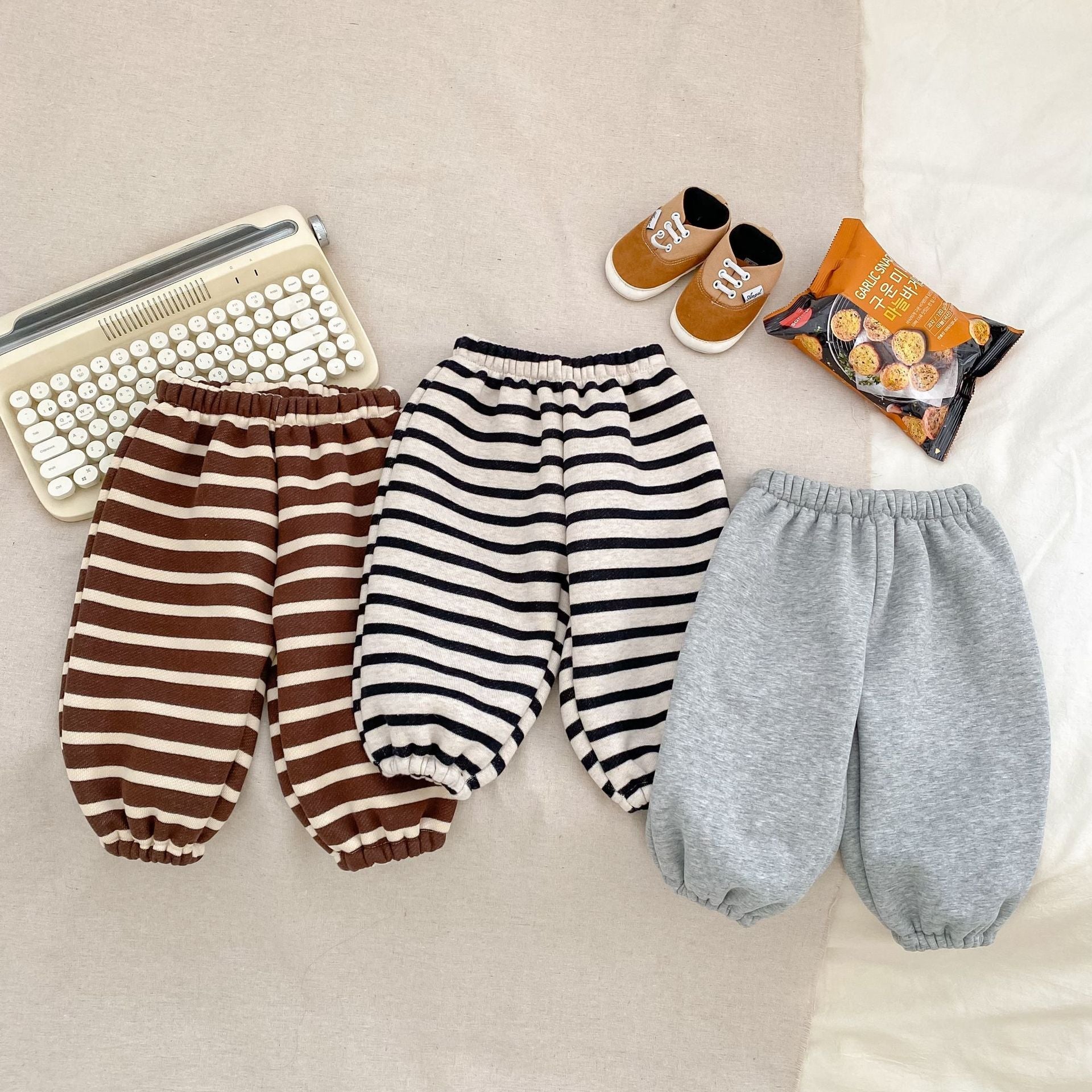 Autumn and Winter Arrival Casual Style Striped Pattern Fleece-Lined Pants for Baby and Kids