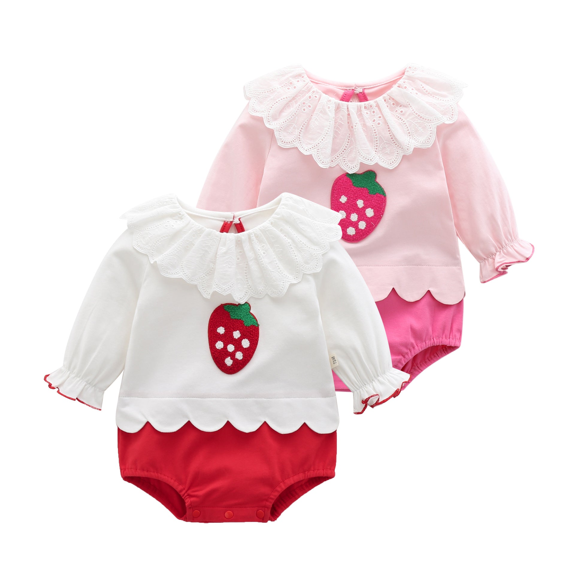 Baby Girl Strawberry Pattern Mesh Ruffle Neck Patchwork bodysuit Bodysuit
